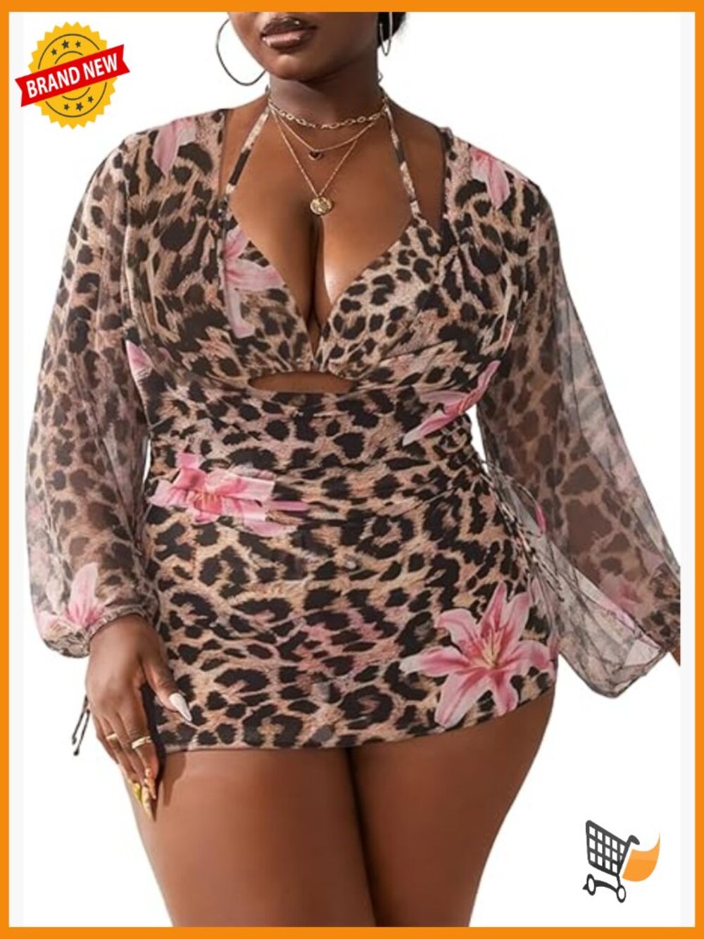 Plus Size 3 Piece Bikini Set with Sheer Cover Up Swimsuit Halter Triangle Sun